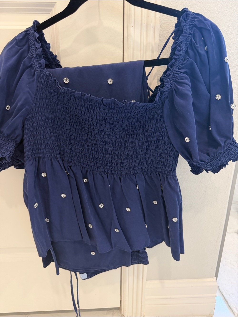 Hill house Women's Navy Blue Smocked Peasant Top with Embellishments and pants